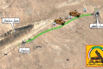 خريطة وزعها اعلام الحشد الشعبي بعد قطع الطريق بين تلعفر وسنجار بالكامل