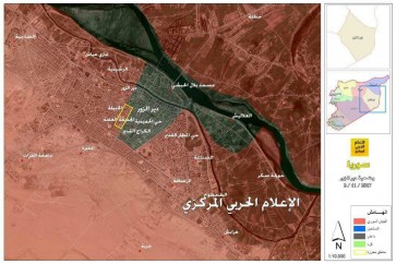 وضعية تظهر سيطرة الجيش السوري والحلفاء على الحديقة العامة ومشفى النور باتجاه كراج الانطلاق القديم في مدينة دير الزور