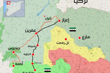 خريطة توضح الطرق الواصلة بين عفرين وإدلب وريف حلب الغربي - تنسيقيات المسلحين